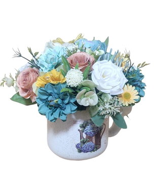 Aranjament floral galben turcoaz in cana ceramica