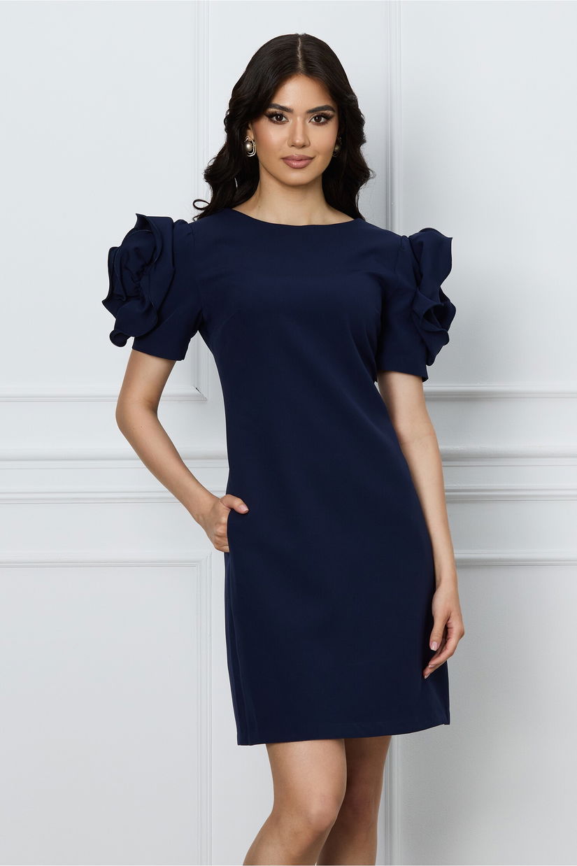 Rochie MBG bleumarin cu flori maxi pe maneci