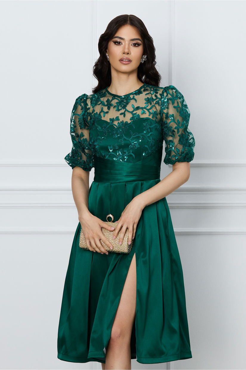 Rochie DY Fashion verde cu dantela la bust si crepeu pe fusta