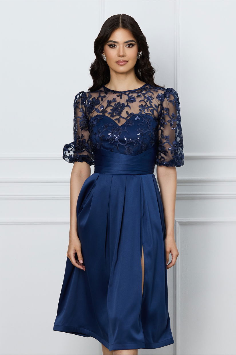 Rochie DY Fashion bleumarin cu dantela la bust si crepeu pe fusta