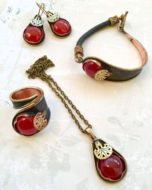 Set vintage carneol, cupru & piele naturala