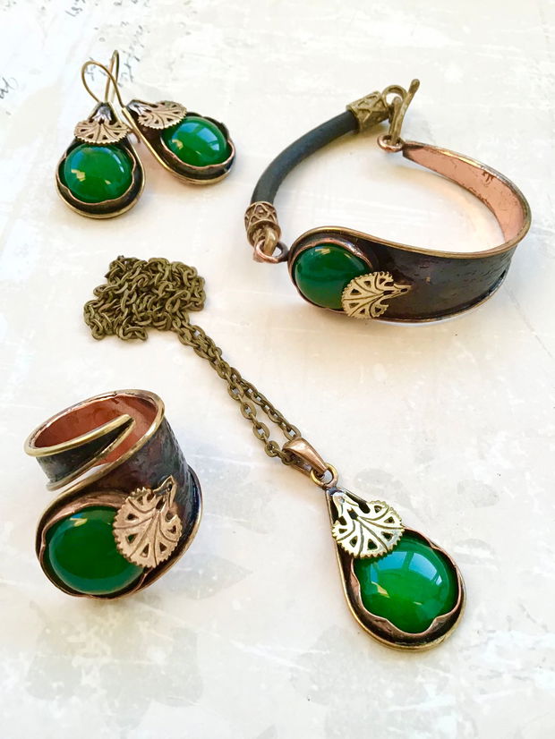 Set vintage Jad verde, cupru & piele naturala