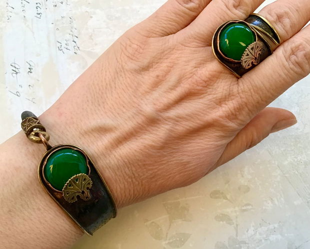 Set vintage Jad verde, cupru & piele naturala