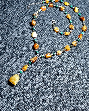Colier argint ambra chihlimbar opal galben jasp acvaterra lant argint nugget boho chic trendy - Transport gratuit