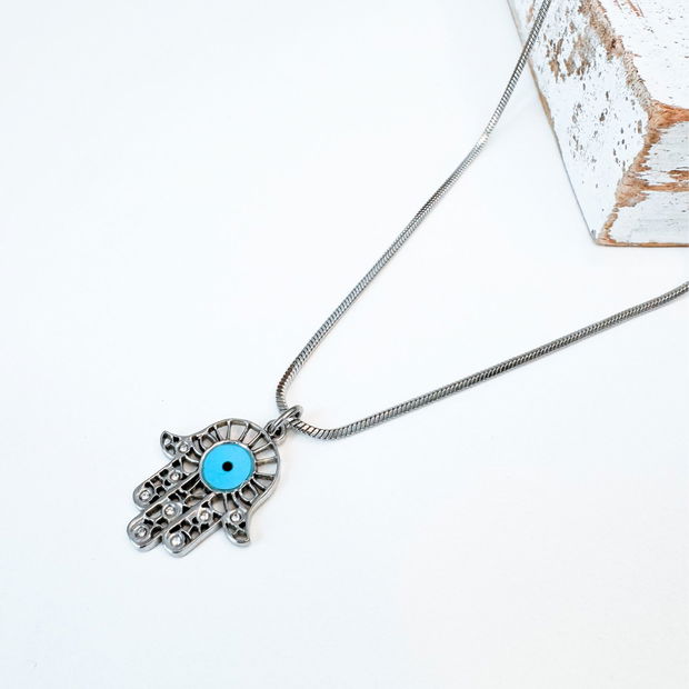 COLIER HAMSA DIN OTEL INOXIDABIL CU EVIL EYE BLEU - PROTECTIE ENERGII NEGATIVE