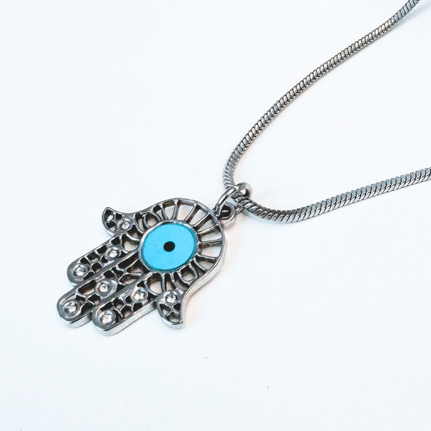 COLIER HAMSA DIN OTEL INOXIDABIL CU EVIL EYE BLEU - PROTECTIE ENERGII NEGATIVE