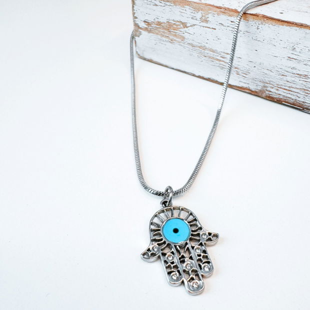 COLIER HAMSA DIN OTEL INOXIDABIL CU EVIL EYE BLEU - PROTECTIE ENERGII NEGATIVE