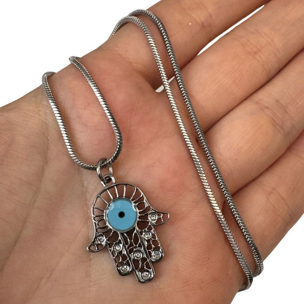 COLIER HAMSA DIN OTEL INOXIDABIL CU EVIL EYE BLEU - PROTECTIE ENERGII NEGATIVE