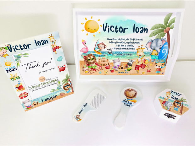 Set aniversar personalizat 1 anisor - Summer Holidays - Tavita mot si accesorii