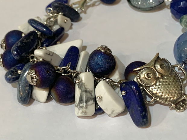 BRĂȚARĂ~MIDNIGHT OWL~lapislazuli,howlit,agate druzy,murano,zamac argintat,inox