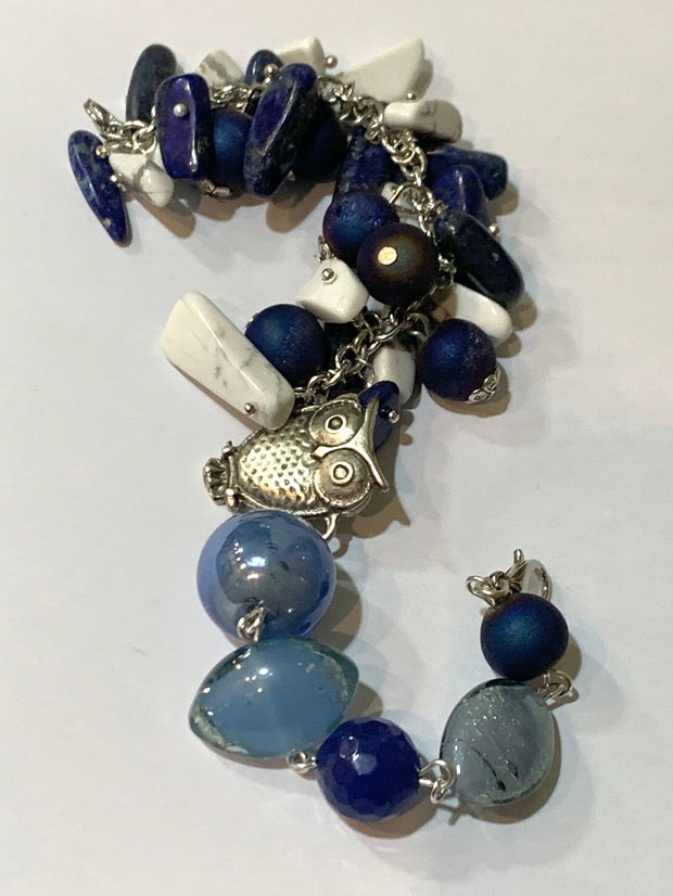 BRĂȚARĂ~MIDNIGHT OWL~lapislazuli,howlit,agate druzy,murano,zamac argintat,inox