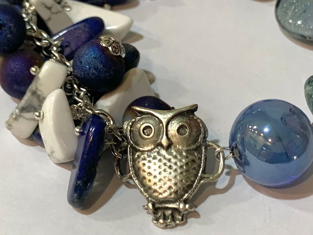 BRĂȚARĂ~MIDNIGHT OWL~lapislazuli,howlit,agate druzy,murano,zamac argintat,inox