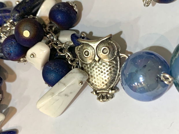 BRĂȚARĂ~MIDNIGHT OWL~lapislazuli,howlit,agate druzy,murano,zamac argintat,inox