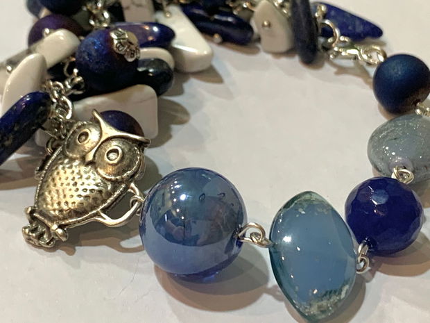 BRĂȚARĂ~MIDNIGHT OWL~lapislazuli,howlit,agate druzy,murano,zamac argintat,inox