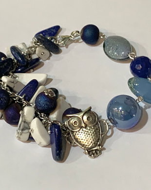 BRĂȚARĂ~MIDNIGHT OWL~lapislazuli,howlit,agate druzy,murano,zamac argintat,inox