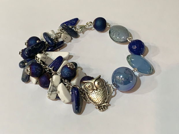 BRĂȚARĂ~MIDNIGHT OWL~lapislazuli,howlit,agate druzy,murano,zamac argintat,inox