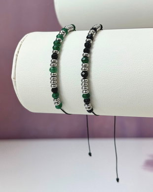 Set de bratari cuplu cu mesaj in cod morse -  Tu esti "acasa" - din otel inoxidabil, jad verde si turmalina neagra