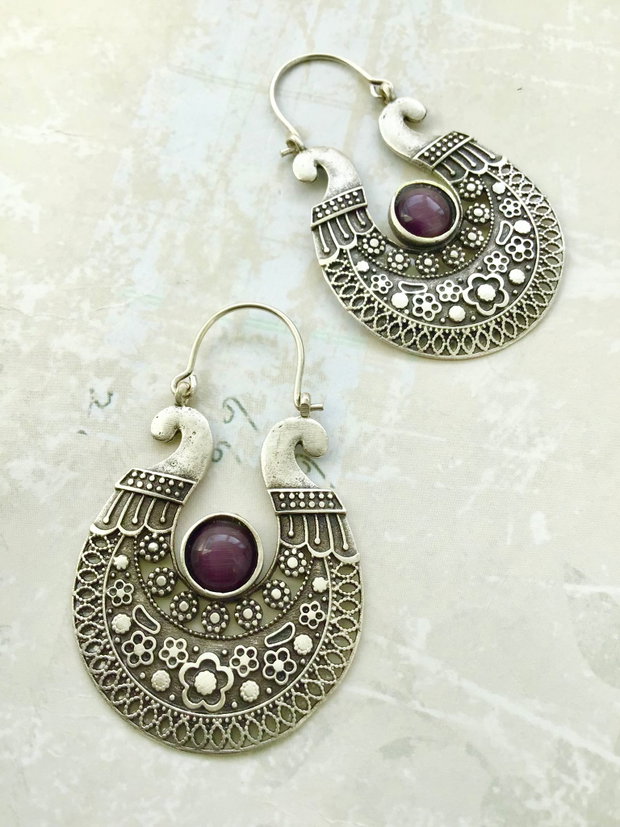 Cercei Boho Zamac argintat & ochi de pisica