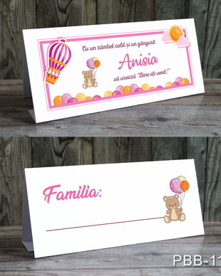 Plicuri bani personalizate pentru botez fetite cu Balon cu aer cald si ursulet