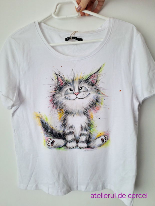 Tricou pictat Happy cat