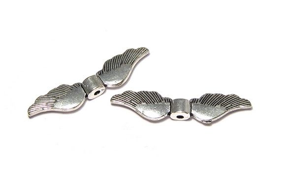 Margele din metal, argintiu antichizat, aripi, 8x35 mm