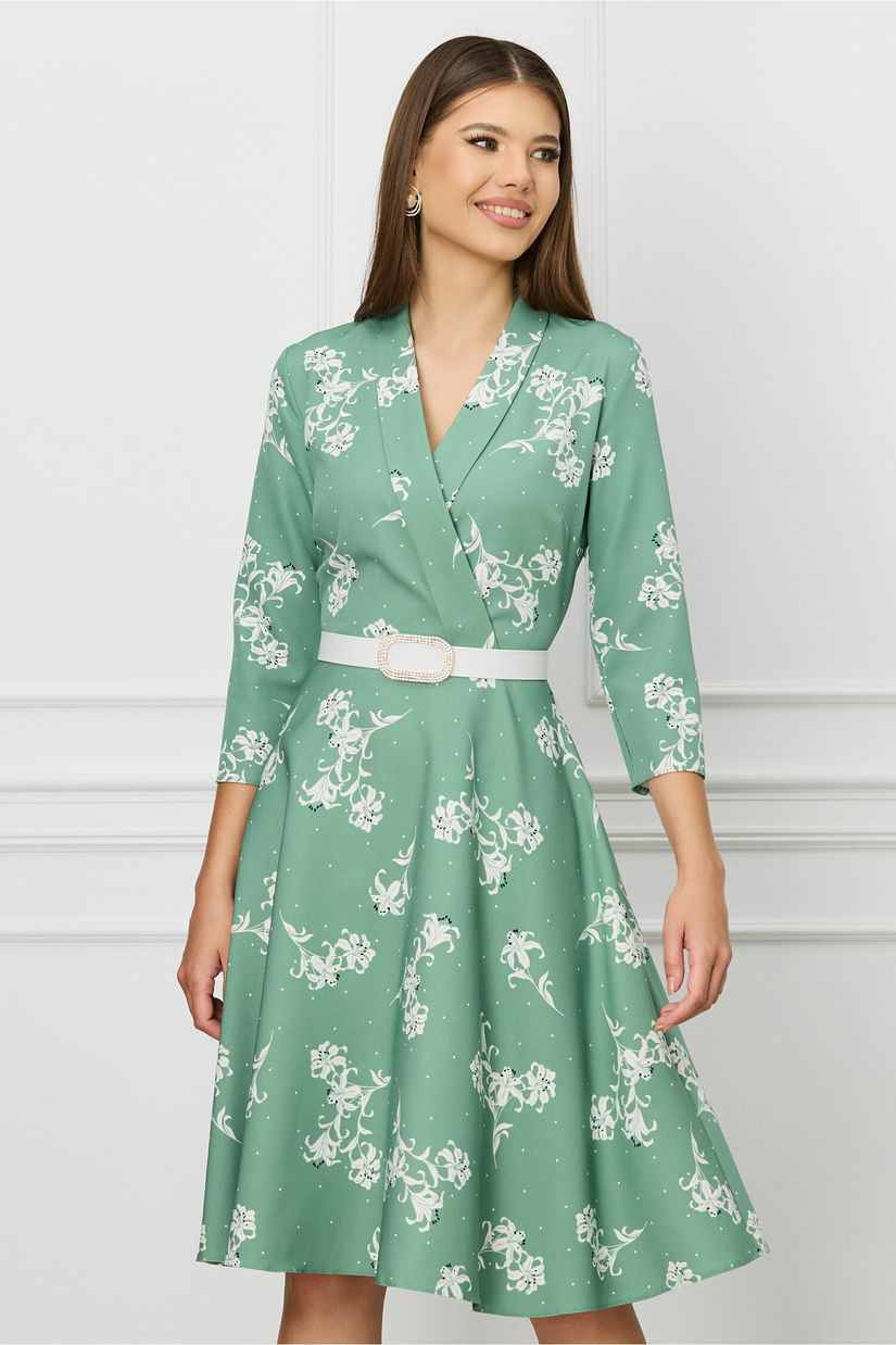 Rochie Sabrina verde mint cu imprimeuri florale albe si curea in talie