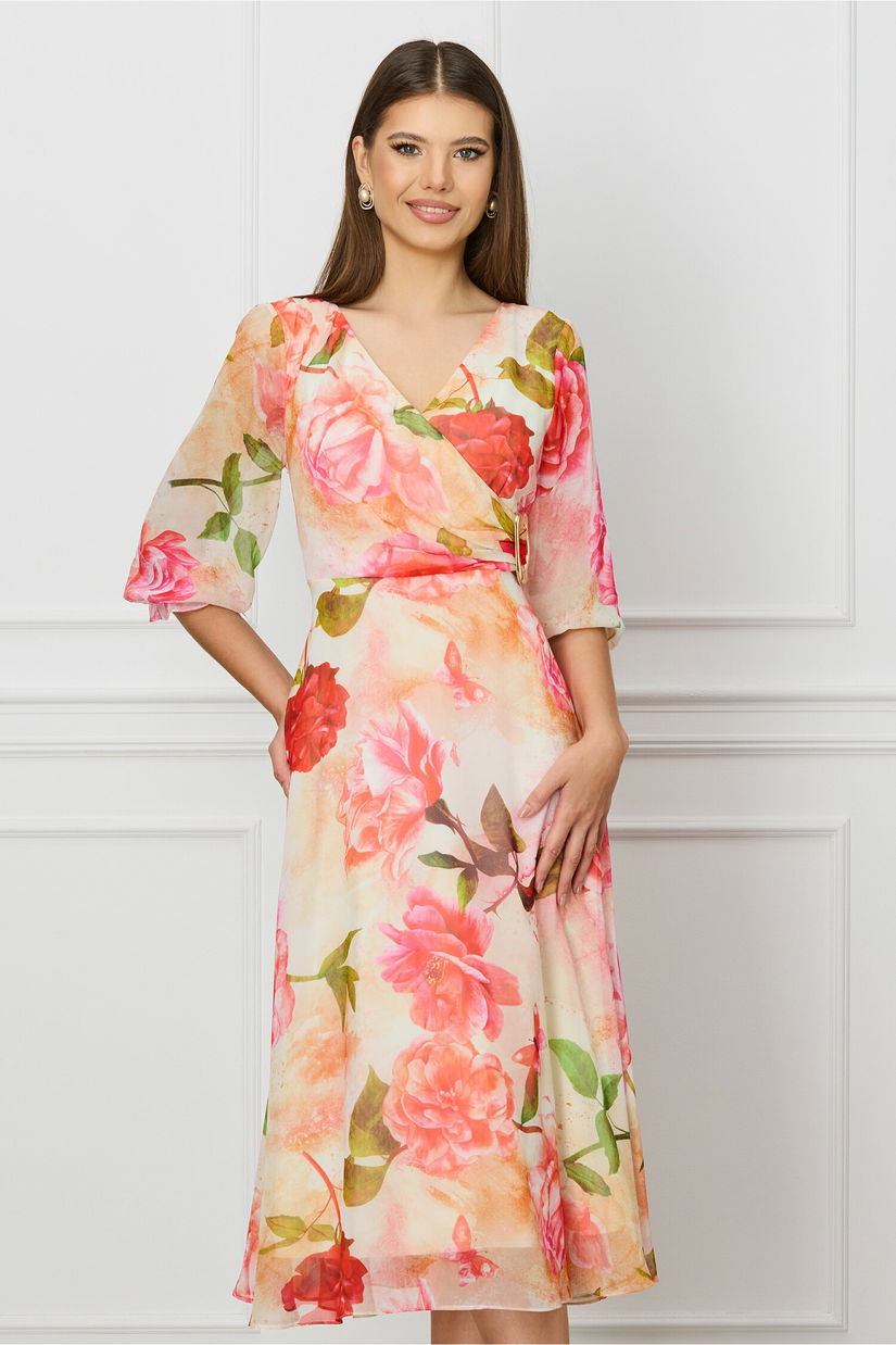 Rochie Miruna galben pal cu imprimeu floral corai