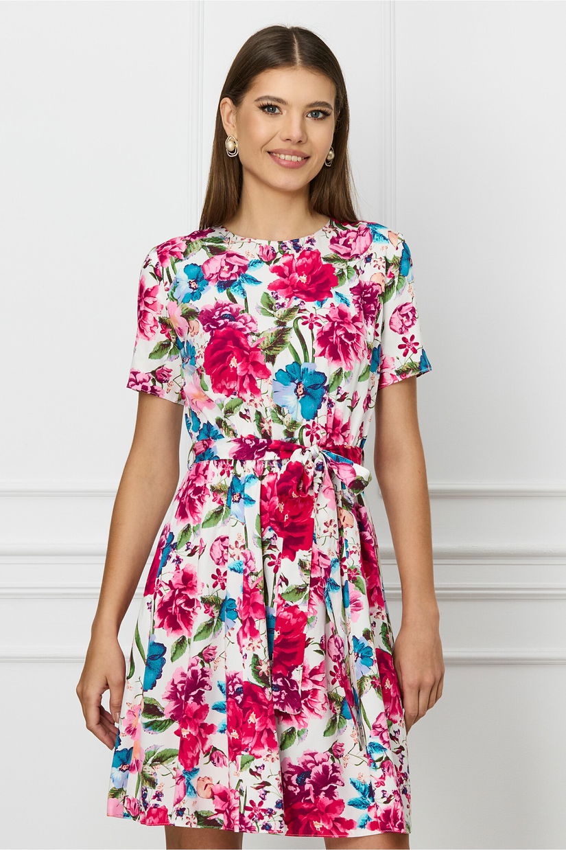 Rochie Dy Fashion alba cu imprimeu floral fucsia si cordon in talie