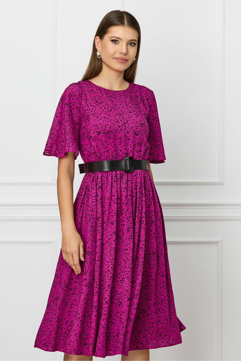 Rochie Dy Fashion magenta cu picatele negre si curea in talie