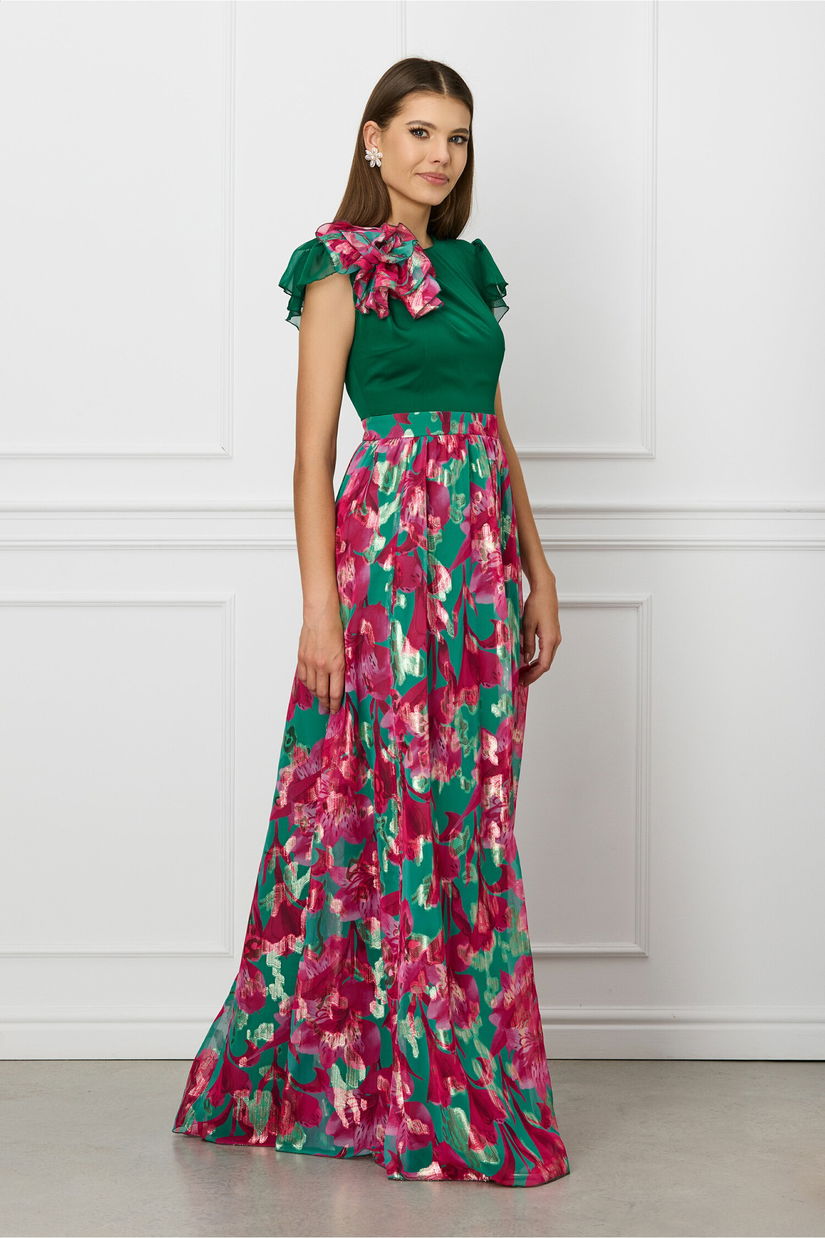 Rochie DY Fashion lunga verde cu imprimeu floral roz pe fusta si floare maxi la umar