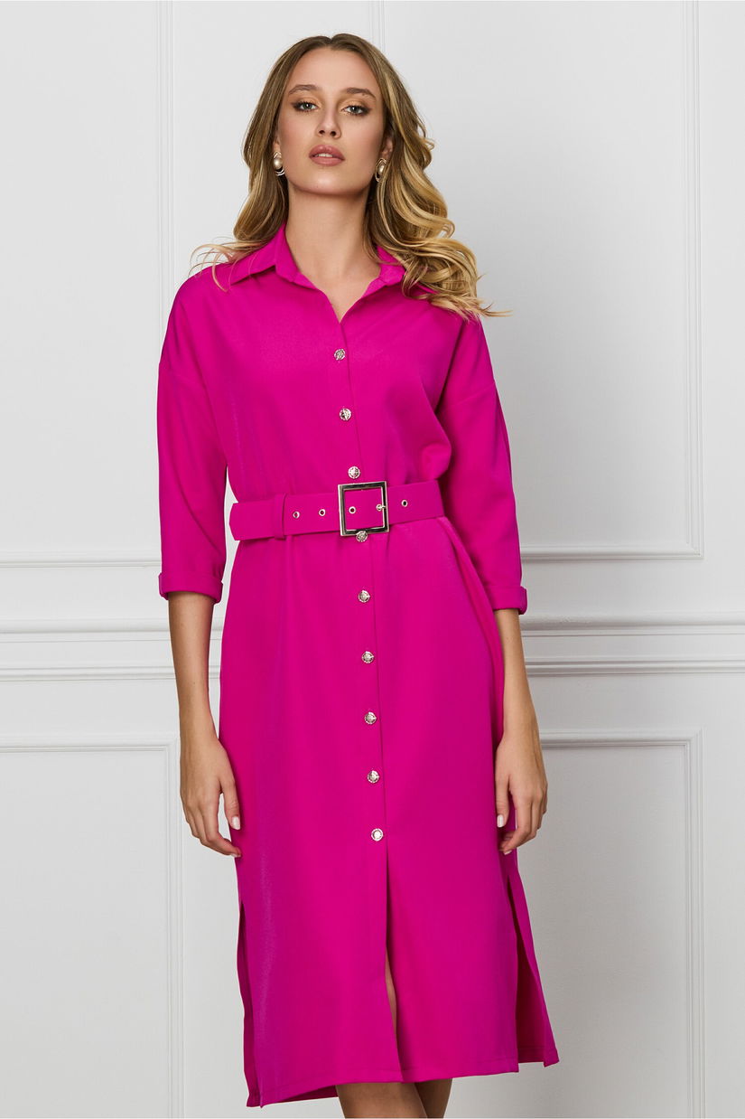 Rochie Rebeca fucsia tip camasa cu nastusi si curea in talie