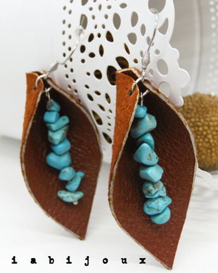 Cercei handmade statement  - piele naturala, turcoaz  (cod1039)