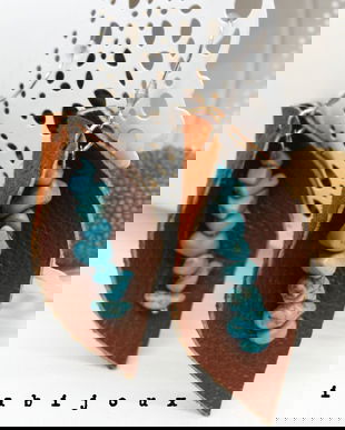 Cercei handmade statement - piele naturala, turcoaz (cod1039)