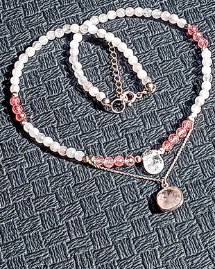 Colier argint cuart roz cuart strawberry charm brioleta lant argint minimalist boho chic trendy - Transport gratuit