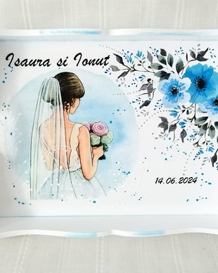 Tavita/set de gatit mireasa cu flori albastre