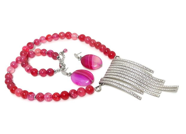 Colier din agat fucsia accesorizat cu zamak Wave