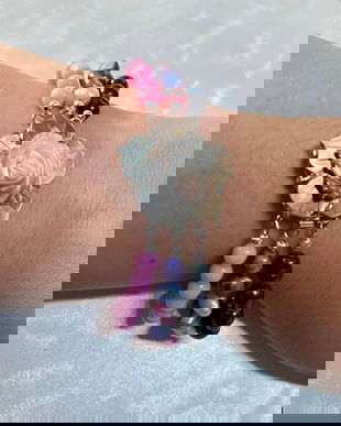 Set brăţară şi cercei candelabru din perle de cultură colorate şi jad roz