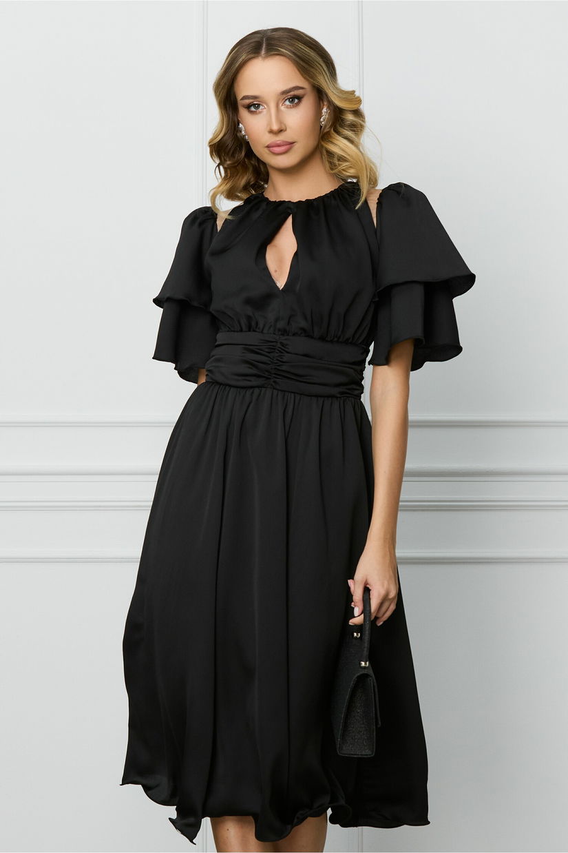 Rochie DY Fashion neagra cu volane la maneci si decupaj la decolteu