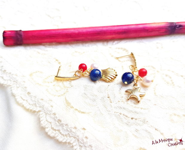 Cercei marini cu lapis lazuli perle si coral