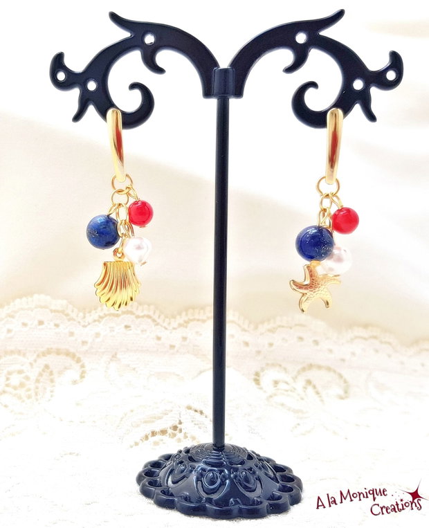 Cercei marini cu lapis lazuli perle si coral