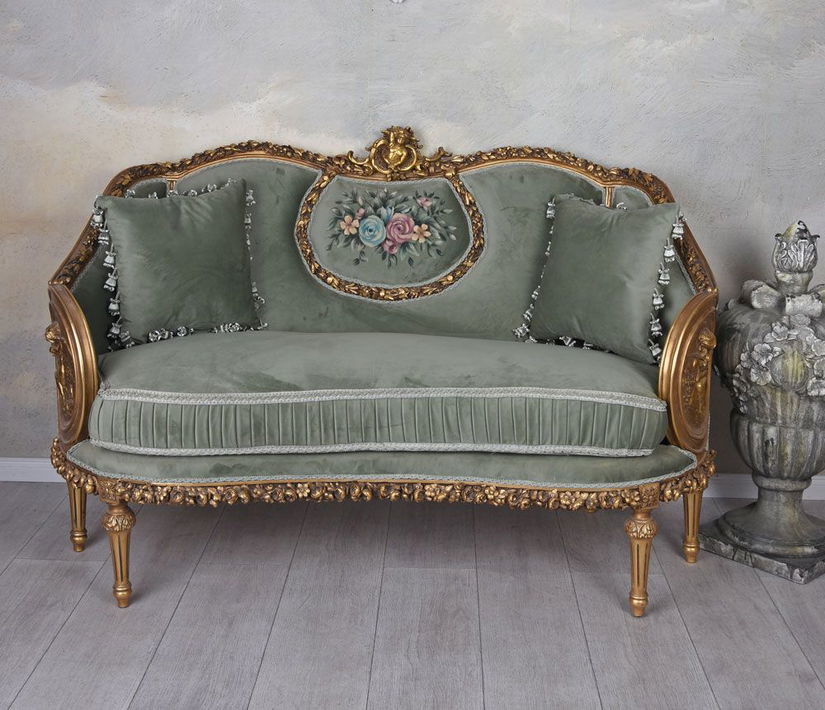 Sofa Rococo din lemn masiv cu tapiterie gri