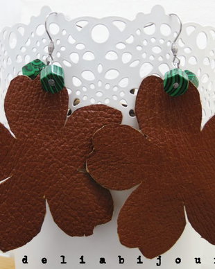 Cercei handmade statement  - piele naturala, malachit  (cod1042)