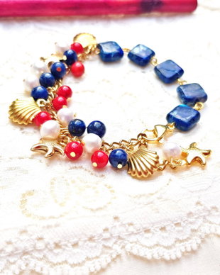 Bratara marina cu lapis lazuli coral si perle