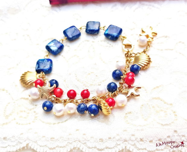 Bratara marina cu lapis lazuli coral si perle