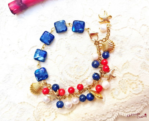 Bratara marina cu lapis lazuli coral si perle