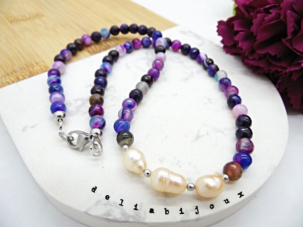 Colier handmade - agate dantela si perle cultura (cod1043)