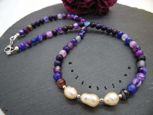 Colier handmade - agate dantela si perle cultura (cod1043)