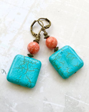 Cercei Vintage Turcoaz & coral portocaliu