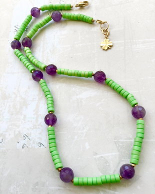 Colier CHOKER Coral verde & ametist