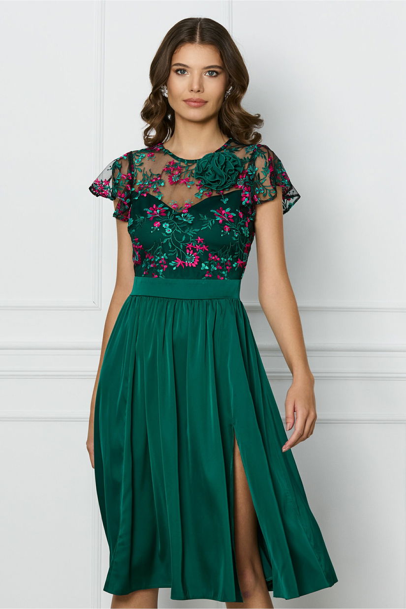 Rochie DY Fashion verde cu trandafir si dantela la bust